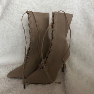 Nude Lace-Up Stiletto Booties